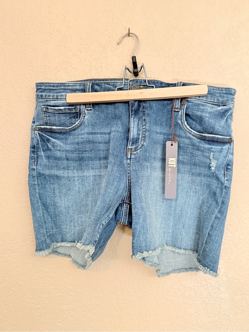 Kut from the Kloth Medium Blue Frayed Hem Denim Shorts